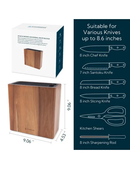 Suport de cutite din lemn Acacia, design universal cu sloturi protectoare KITCHENDAO XL