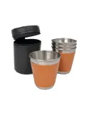 Set de 4 pahare shot din oțel inoxidabil cu husă din piele, 100 ml