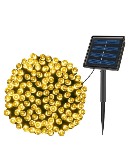 Instalație 100 LED Exterior cu Panou Solar, Alb Cald, 10 m, Senzor Automat lumina