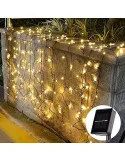 Instalație 100 LED Exterior cu Panou Solar, Alb Cald, 10 m, Senzor Automat lumina