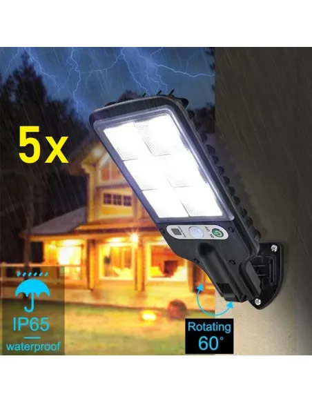 Set 5 Lămpi Solare de Perete, 72 LED-uri, 50W, Telecomandă, Senzor Mișcare, 3 Moduri, IP65