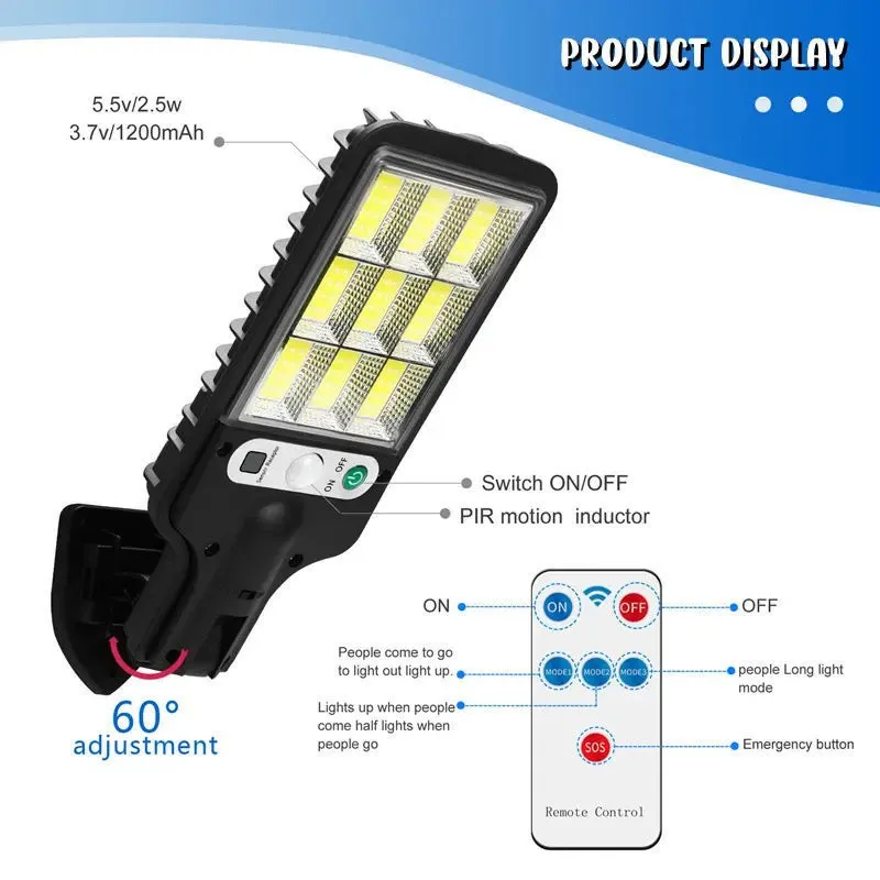 Set 5 x Lampi Solare de Perete cu 72 LED-uri COB, 50W, 3 Moduri de Functionare, Telecomanda, Senzor de Miscare si Lumina