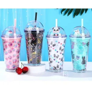Pahar Plastic Sclipici cu Capac Bombat și Pai Reutilizabil, 450 ml, Multicolor