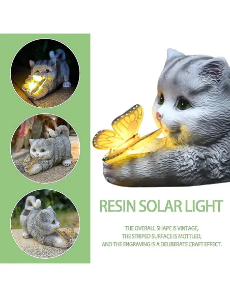 Pisica si fluture solar, decor gradina