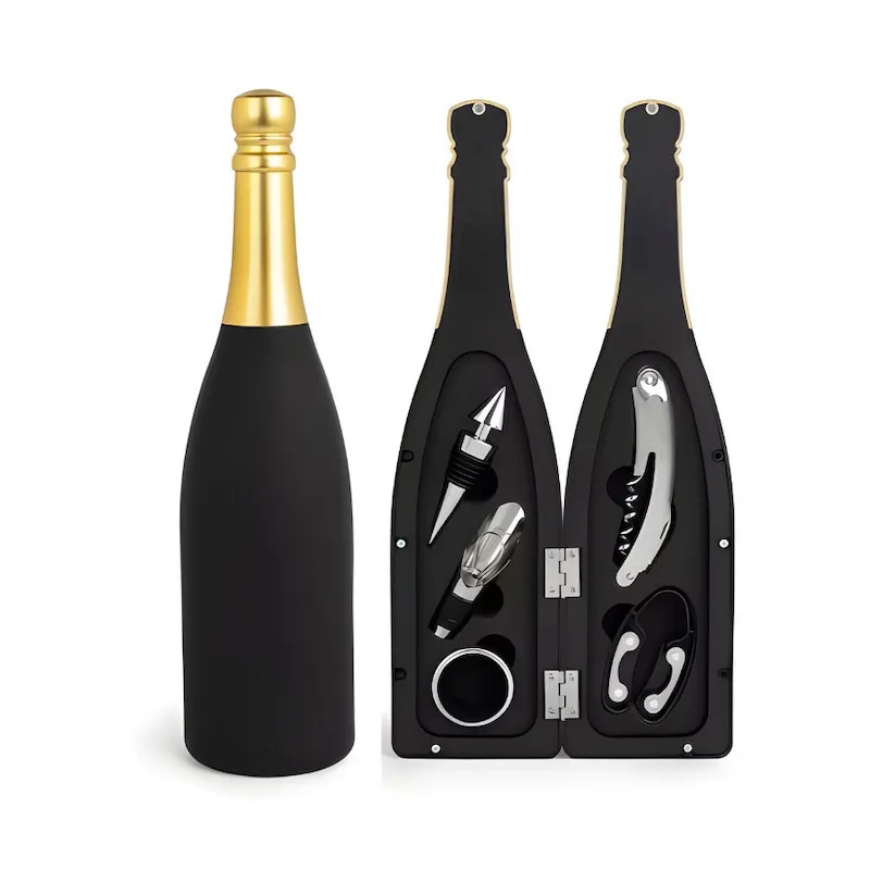 Set cadou pentru vin cu 5 accesorii în suport sub forma de sticla