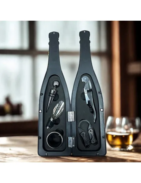 Set cadou pentru vin cu 5 accesorii în suport sub forma de sticla