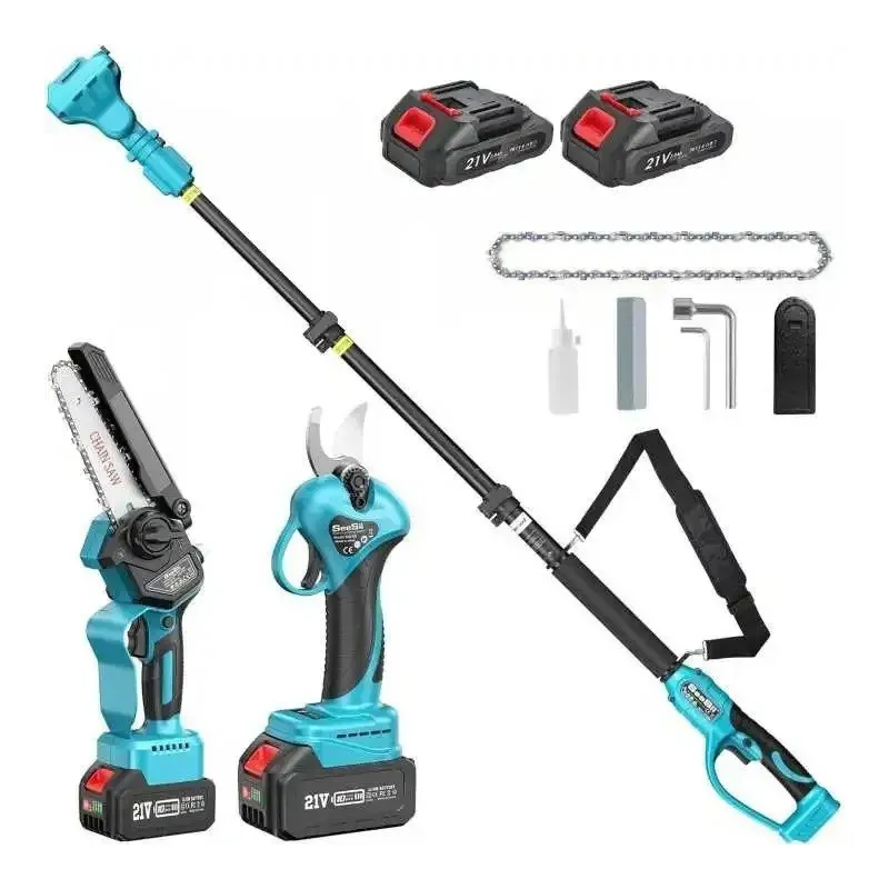 Set Foarfecă și Mini Drujbă 6 inch cu Brat Telescopic 2 m, 48V, 2 Acumulatori, Unghi Reglabil