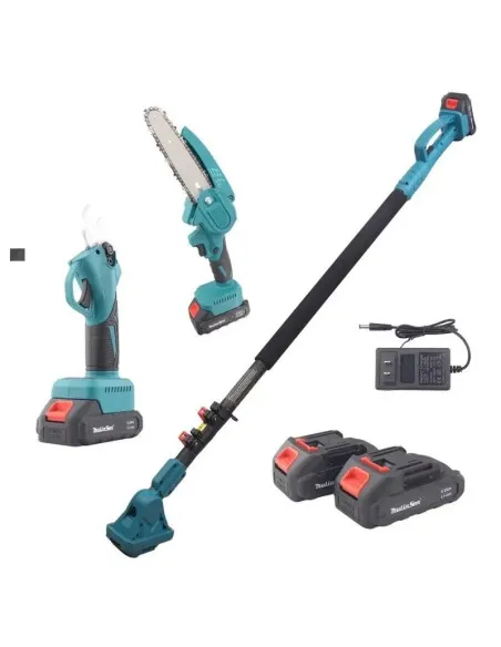Set Foarfecă și Mini Drujbă 6 inch cu Brat Telescopic 2 m, 48V, 2 Acumulatori, Unghi Reglabil