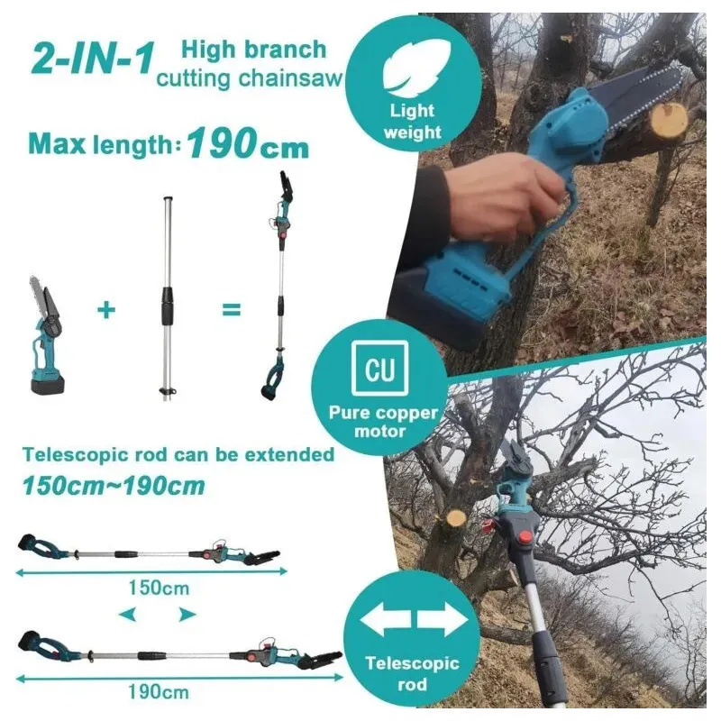 Set Foarfecă și Mini Drujbă 6 inch cu Brat Telescopic 2 m, 48V, 2 Acumulatori, Unghi Reglabil