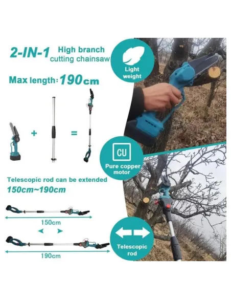 Set Foarfecă și Mini Drujbă 6 inch cu Brat Telescopic 2 m, 48V, 2 Acumulatori, Unghi Reglabil