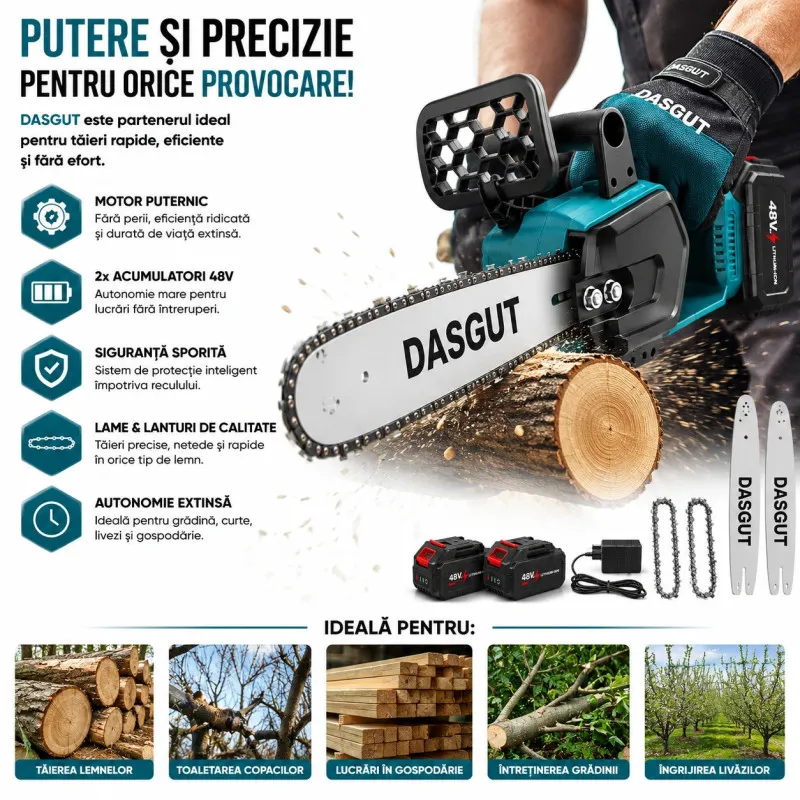 Drujbă electrică 14 inch (36cm), 1200W,DASGUT cu 2 acumulatori LI-Ion 48V, 30000 RPM, ungere lant