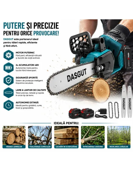 Drujbă electrică 14 inch (36cm), 1200W,DASGUT cu 2 acumulatori LI-Ion 48V, 30000 RPM, ungere lant