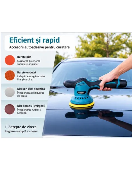 Aparat Polish Auto Portabil, 12V, Fără Fir, 2500-5000 RPM, 6 Viteze