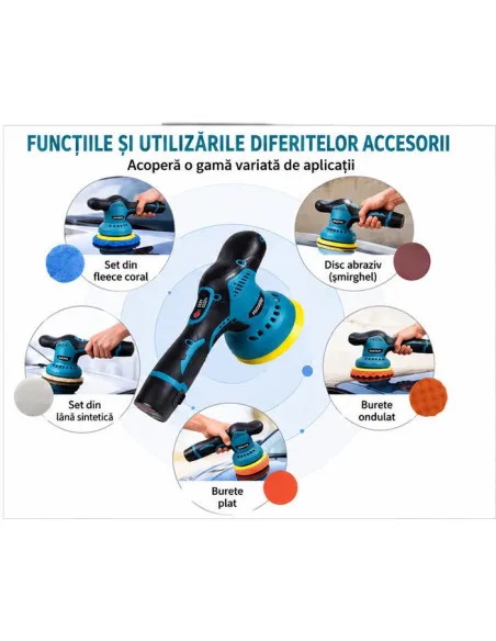 Aparat Polish Auto Portabil, 12V, Fără Fir, 2500-5000 RPM, 6 Viteze
