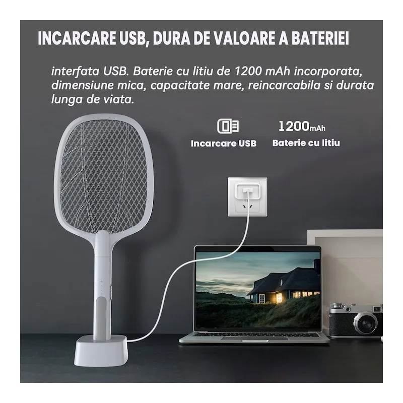 Paletă Electrică Anti-Insecte 3000V, USB, 1200mAh