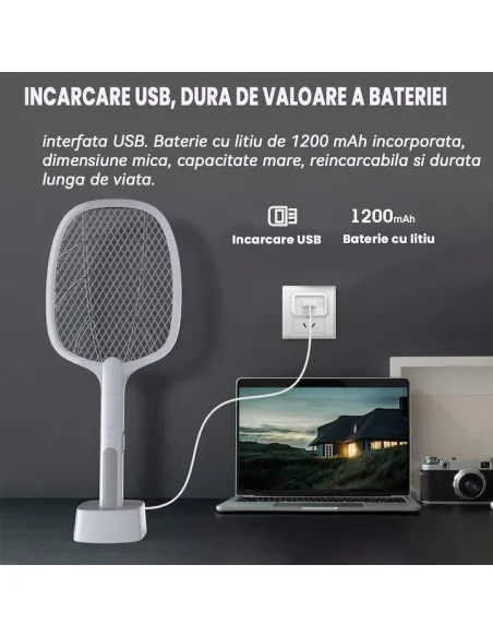 Paletă Electrică Anti-Insecte 3000V, USB, 1200mAh
