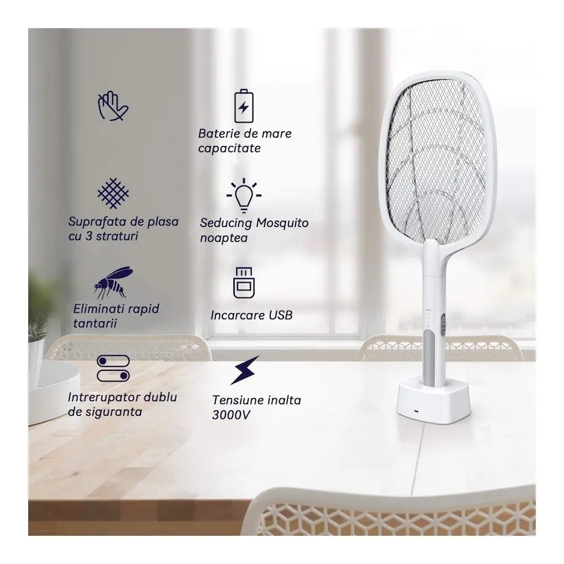 Paletă Electrică Anti-Insecte 3000V, USB, 1200mAh