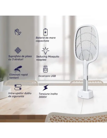 Paletă Electrică Anti-Insecte 3000V, USB, 1200mAh