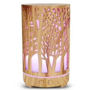Umidificator pentru aromaterapie, ultrasunet, model copac, rezervor 200 ml, 7 culori, led, lemn deschis