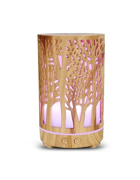Umidificator pentru aromaterapie, ultrasunet, model copac, rezervor 200 ml, 7 culori, led, lemn deschis