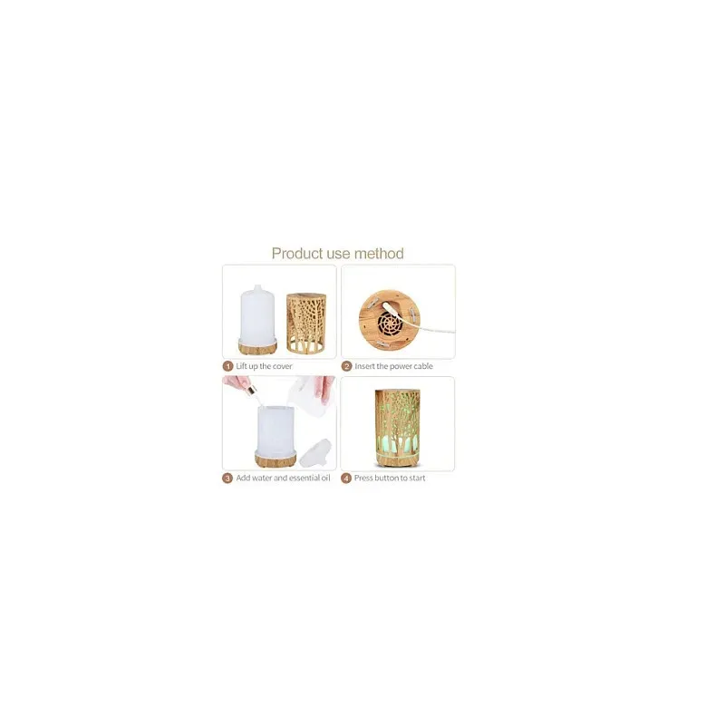 Umidificator pentru aromaterapie, ultrasunet, model copac, rezervor 200 ml, 7 culori, led, lemn deschis