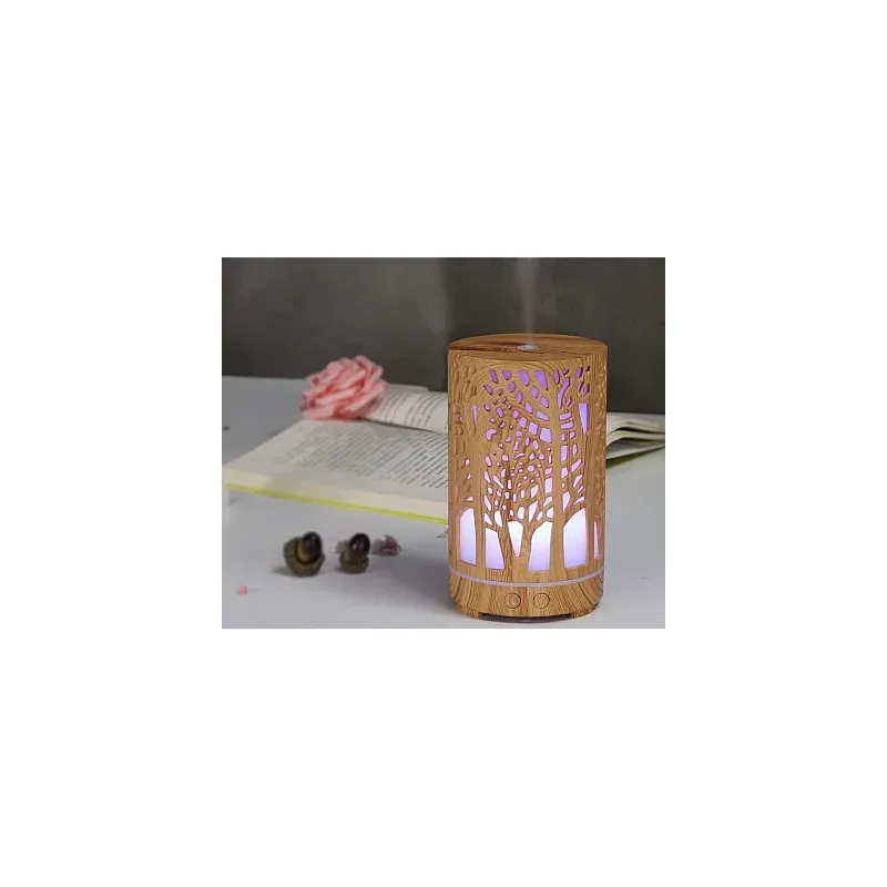 Umidificator pentru aromaterapie, ultrasunet, model copac, rezervor 200 ml, 7 culori, led, lemn deschis