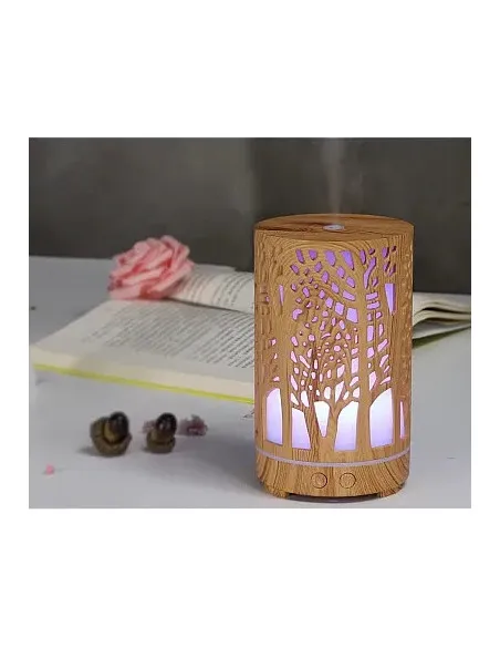 Umidificator pentru aromaterapie, ultrasunet, model copac, rezervor 200 ml, 7 culori, led, lemn deschis