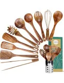 Set Ustensile Bucătărie Teak AIUHI, 11 Piese cu Suport