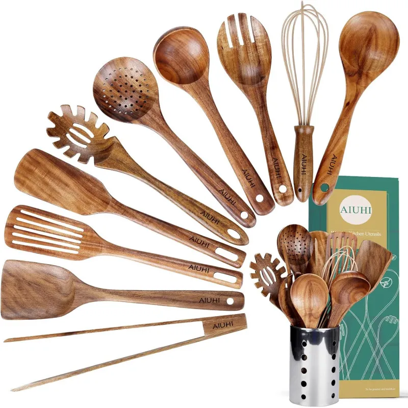 Set Ustensile Bucătărie Teak AIUHI, 11 Piese cu Suport