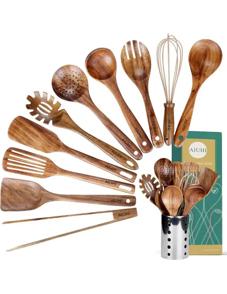 Set Ustensile Bucătărie Teak AIUHI, 11 Piese cu Suport