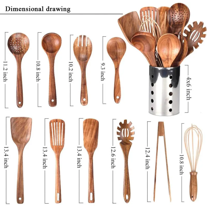Set Ustensile Bucătărie Teak AIUHI, 11 Piese cu Suport