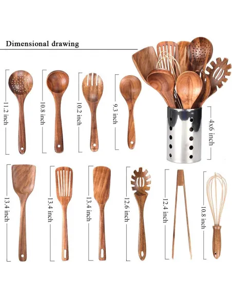 Set Ustensile Bucătărie Teak AIUHI, 11 Piese cu Suport