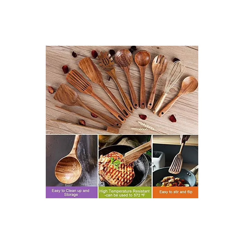 Set Ustensile Bucătărie Teak AIUHI, 11 Piese cu Suport