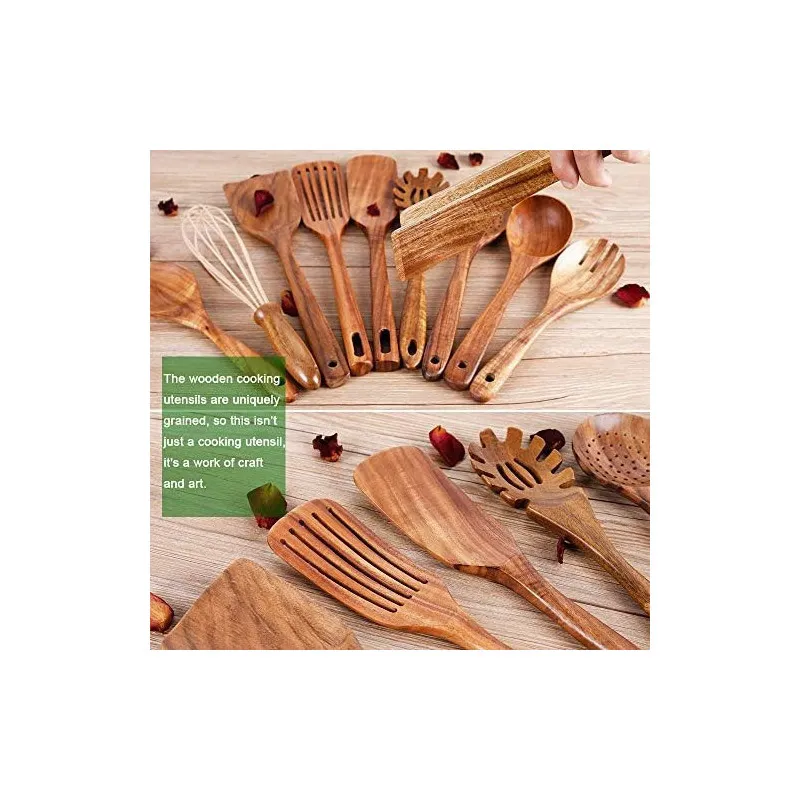 Set Ustensile Bucătărie Teak AIUHI, 11 Piese cu Suport