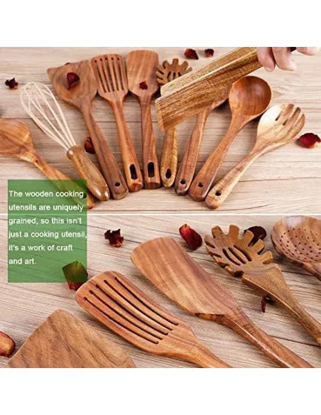 Set Ustensile Bucătărie Teak AIUHI, 11 Piese cu Suport