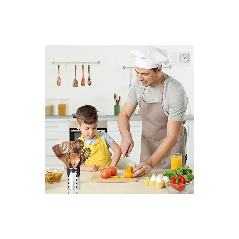 Set Ustensile Bucătărie Teak AIUHI, 11 Piese cu Suport