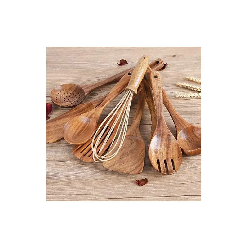 Set Ustensile Bucătărie Teak AIUHI, 11 Piese cu Suport