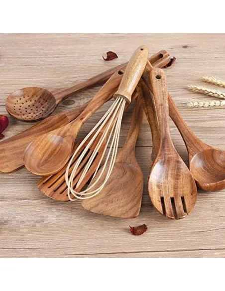 Set Ustensile Bucătărie Teak AIUHI, 11 Piese cu Suport