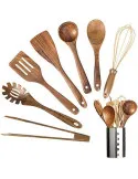 Set Ustensile Bucătărie Teak AIUHI, 11 Piese cu Suport