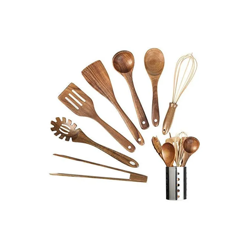 Set Ustensile Bucătărie Teak AIUHI, 11 Piese cu Suport