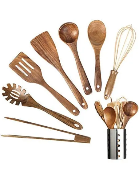 Set Ustensile Bucătărie Teak AIUHI, 11 Piese cu Suport