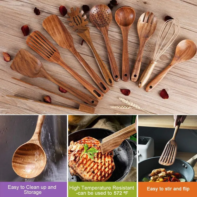 Set Ustensile Bucătărie Teak AIUHI, 11 Piese cu Suport
