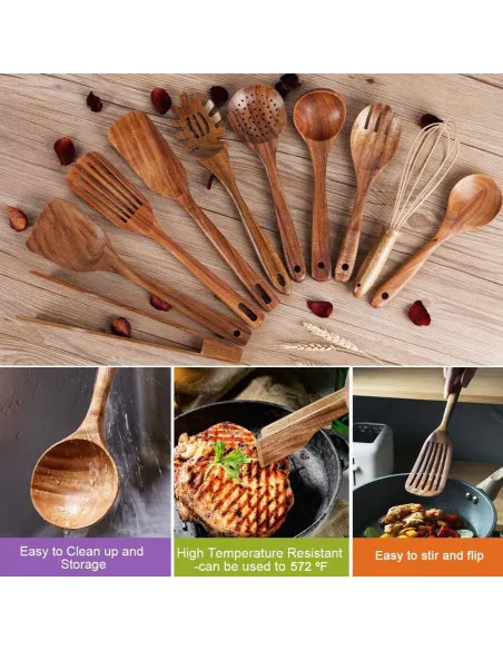 Set Ustensile Bucătărie Teak AIUHI, 11 Piese cu Suport
