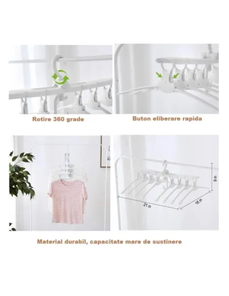 Umeraș Organizator Haine 8 în 1, Pliabil, Rotire 360°, Capacitate 15 kg, Alb