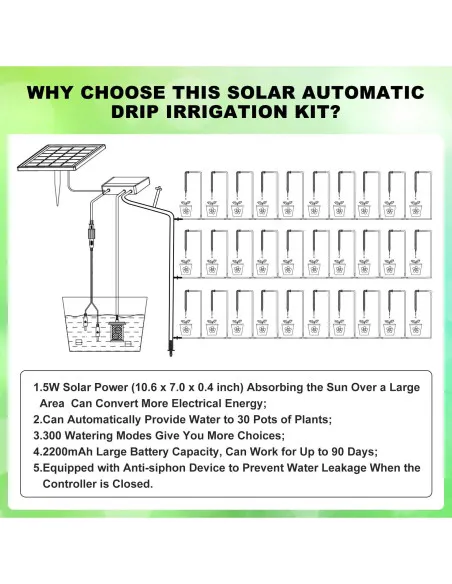 Sistem de irigații automat solar 300 moduri de udare cu furtun picurare 30 m - 30 m furtun