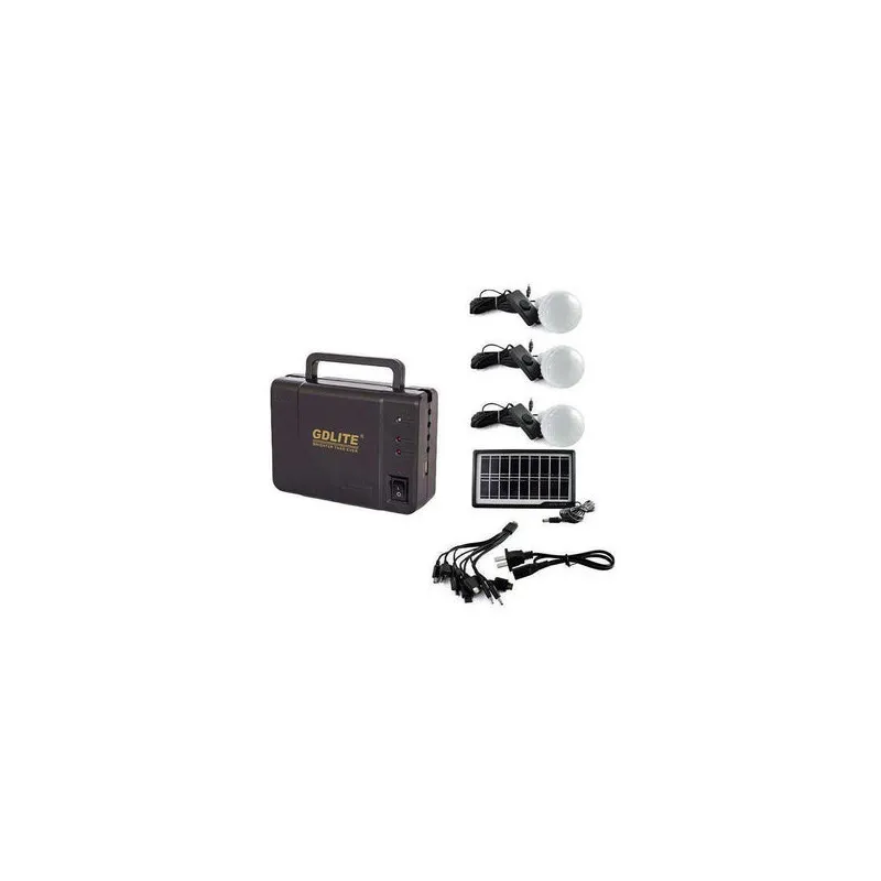 Sistem Iluminat Solar GDLite cu 3 Becuri LED, Panou Solar 6V 4Ah, Port USB, Baterie Reincarcabila