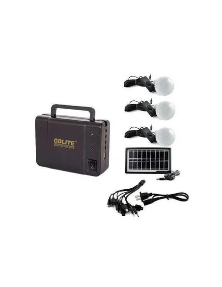 Sistem Iluminat Solar GDLite cu 3 Becuri LED, Panou Solar 6V 4Ah, Port USB, Baterie Reincarcabila