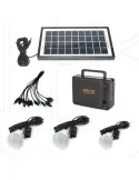 Sistem Iluminat Solar GDLite cu 3 Becuri LED, Panou Solar 6V 4Ah, Port USB, Baterie Reincarcabila