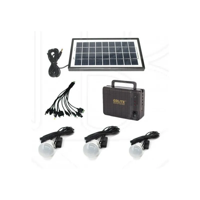 Sistem Iluminat Solar GDLite cu 3 Becuri LED, Panou Solar 6V 4Ah, Port USB, Baterie Reincarcabila