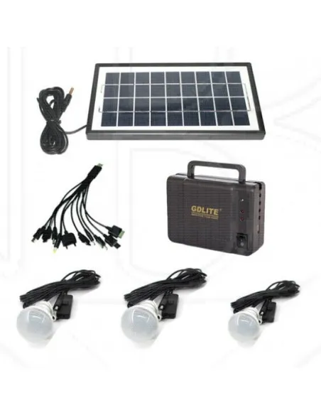 Sistem Iluminat Solar GDLite cu 3 Becuri LED, Panou Solar 6V 4Ah, Port USB, Baterie Reincarcabila